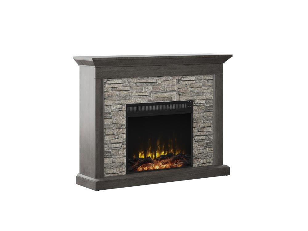 Twin Star Home 36"H Rustic Wall Mantel Electric Fireplace with Stacked Stone Look in Weathered Gray