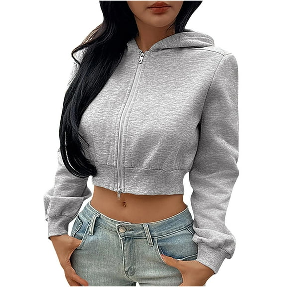 Fesfesfes Women's Trendy Cropped Hoodie Solid Color Short Waist Long Lantern Cuff Blouses Full-Zip Front Multi-style Fall Outdoor Clothes (Gray,L)