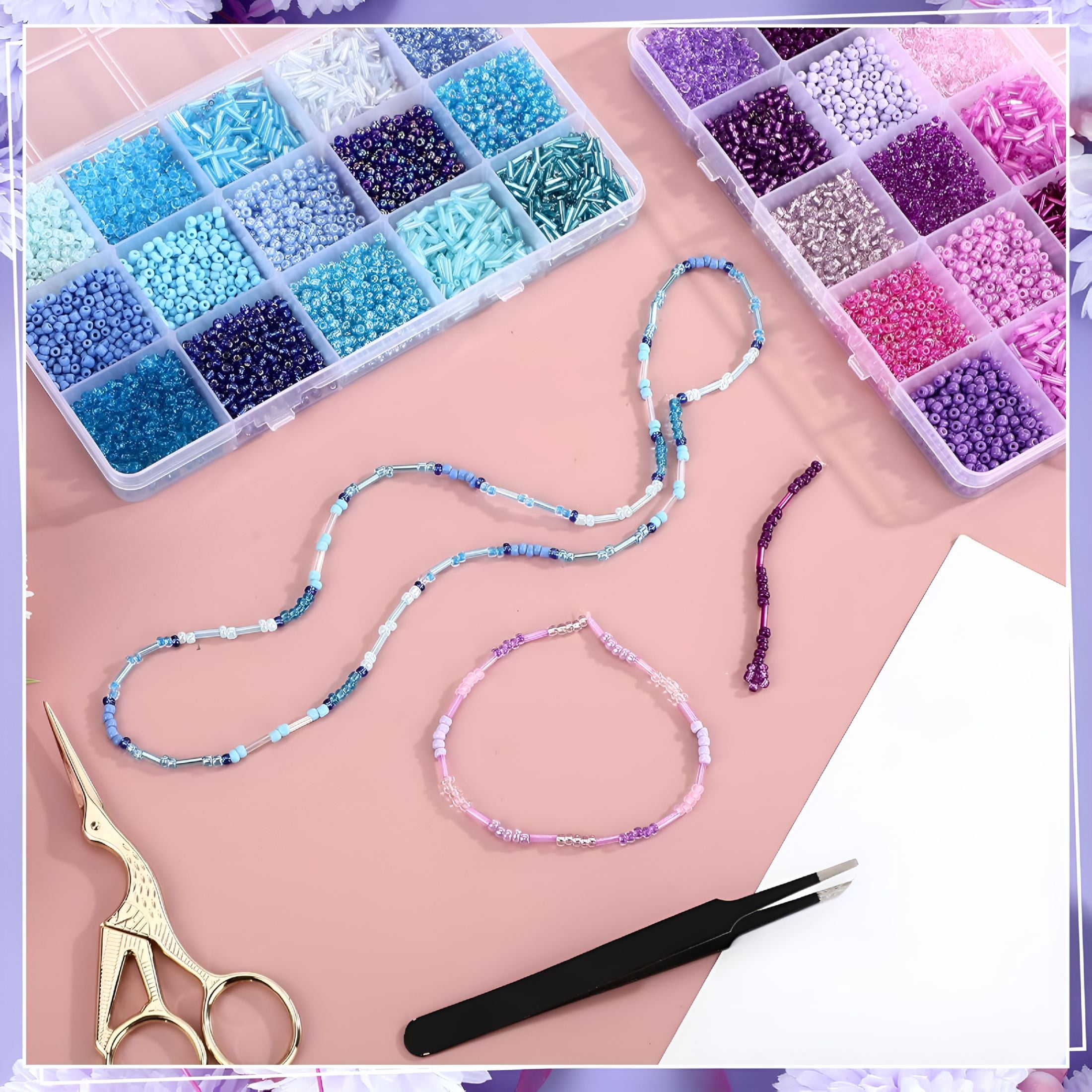 TUWAFE 2026 New 30 Colors Glass Seed and Bugle Beads Kit 2 Organizer Boxes Loose Beads for Jewelry Making Diy Crafts Bracelets and Necklaces(Blue and Purple)