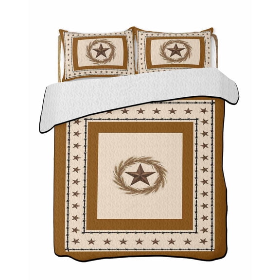 Quilts Twin Size Bedding Set, Brown Western Lightweight Quilted Comforter, Vintage Texas Stars Country Wheats Soft Reversible Bedspread Coverlet with Pillow Covers for All Season, 68" x 86"