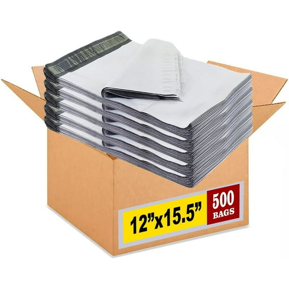 EnjinZZ (500-Pack) Poly Mailers 12x15.5 Inch Mid Size #5 White Color Poly Mailing Shipping Envelopes Bags, Self Seal Adhesive Waterproof and Tear Proof (Total 500 Bags)