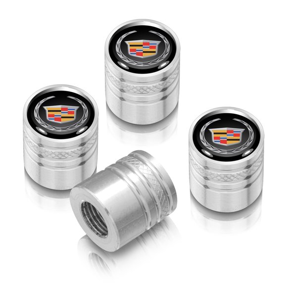 Cadillac Logo in Black on Shining Silver Aluminum Cylinder-Style Tire Valve Stem Caps