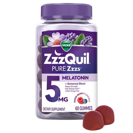 ZzzQuil Pure Zzzs Melatonin Gummies, Melatonin 5mg, Sleep Aid, Berry Flavored, 60 Sleep Gummies