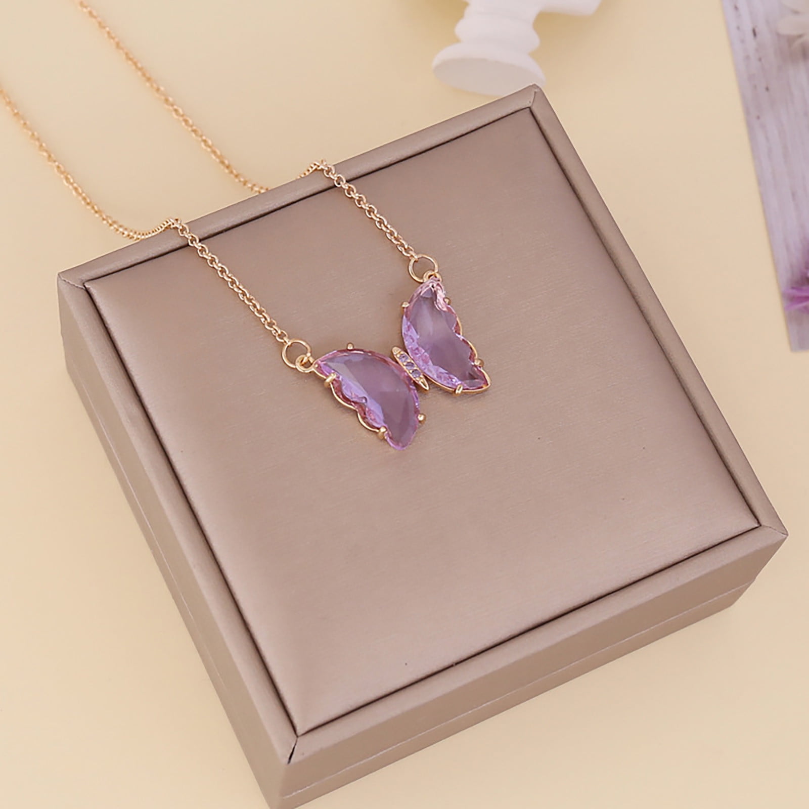 2 Inch Extension Purple Lilac Opal Butterfly Necklace Gift for Women Girl Teens Delicate Synthetic Opal Jewelry Gold Filled Box Chain 16