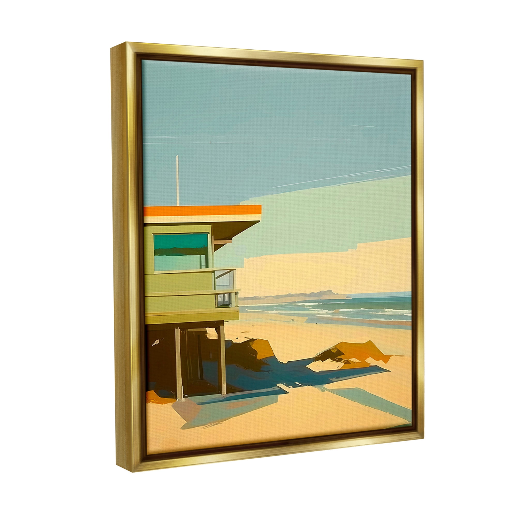 Stupell Industries Modern Sunlit Beach Hut Landscape Painting Gold Floater Framed Canvas Art Print Wall Art, 17 x 21