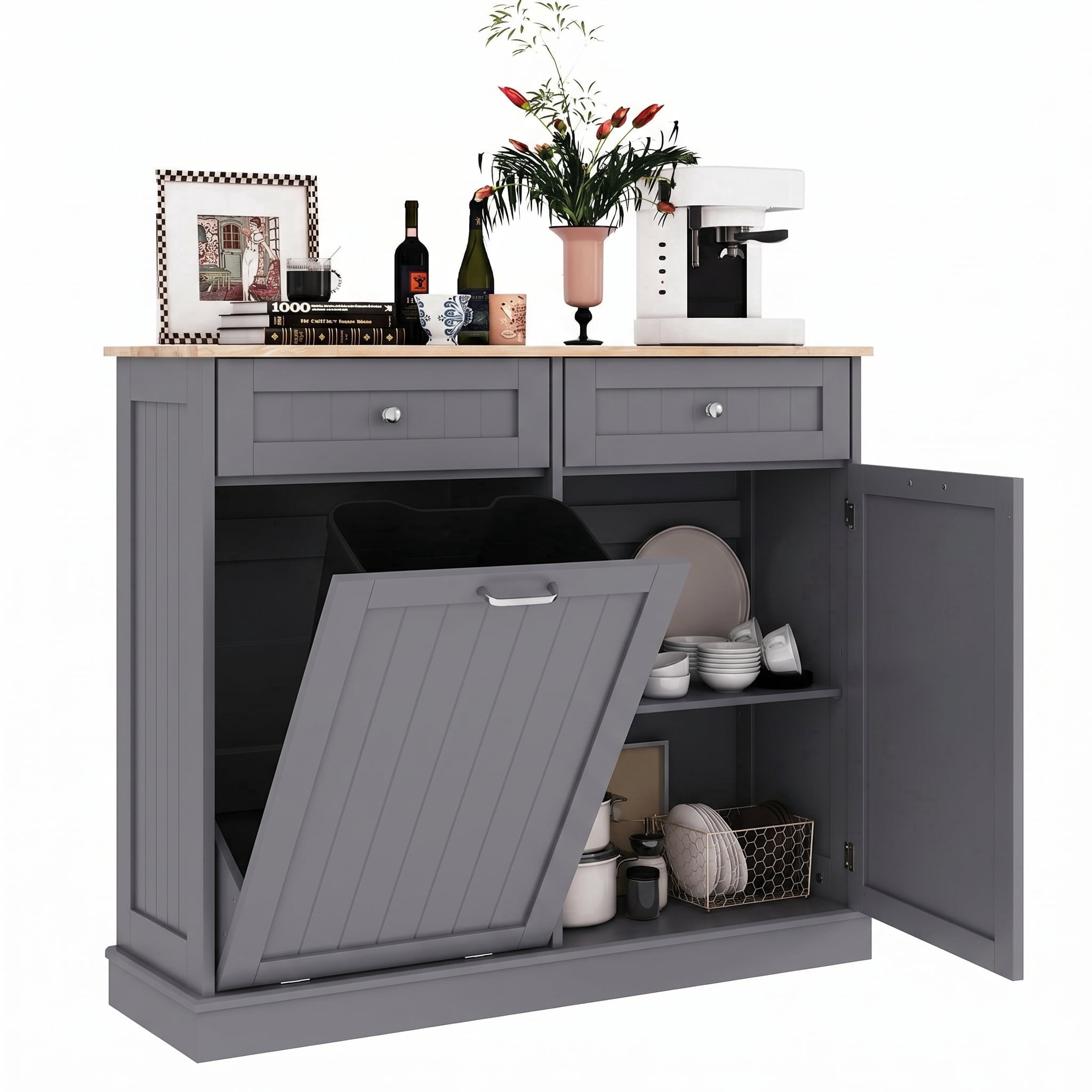 AHB 13 Gallon Single Tilt Out Trash Cabinet with Drawer and Handle, Kitchen Trash Can Storage Organizer, 39.4"L x 14"W x 38.3"H, Gray