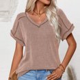 thumbnail image 1 of Soki Women's Tops Basic Casual V Neck Solid Color Pleated Short Sleeved Tee, 1 of 5
