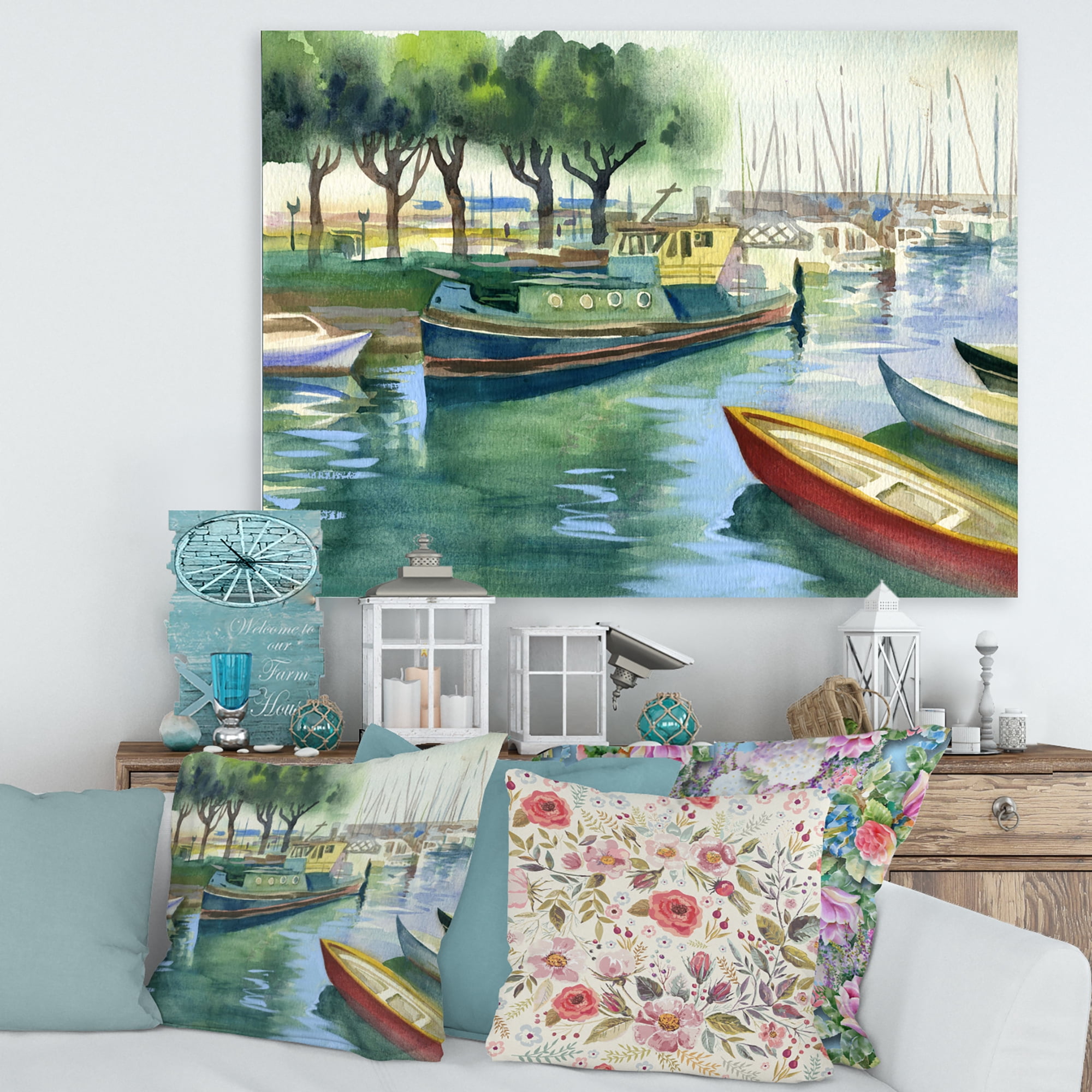Designart ' Boats At The Lake in Green Spring ' Traditional Canvas Wall Art Print