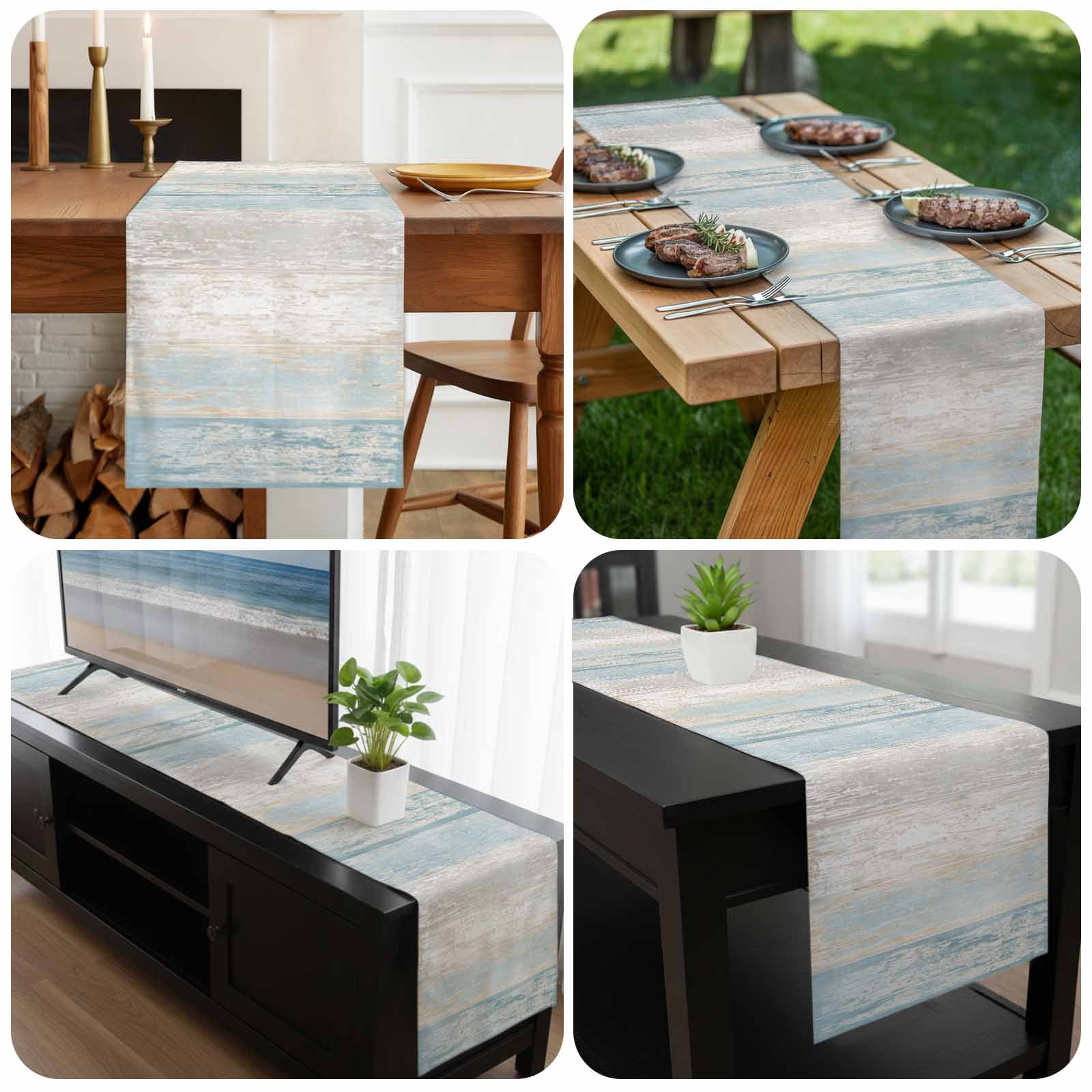 Blue Beige Farmhouse Table Runner 72 Inches Long, Vintage Wooden Striped Kitchen Coffee Dining Table Decoration for Home Party Birthday Wedding Home Decor 13x72 Inches