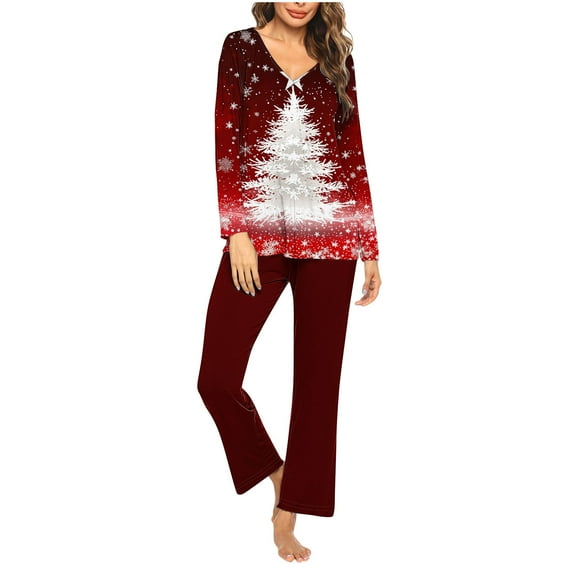 Hueook House Dresses for Women Women Christmas Printed V-neck Casual Long Top Pants Pajama Set Multicolor L