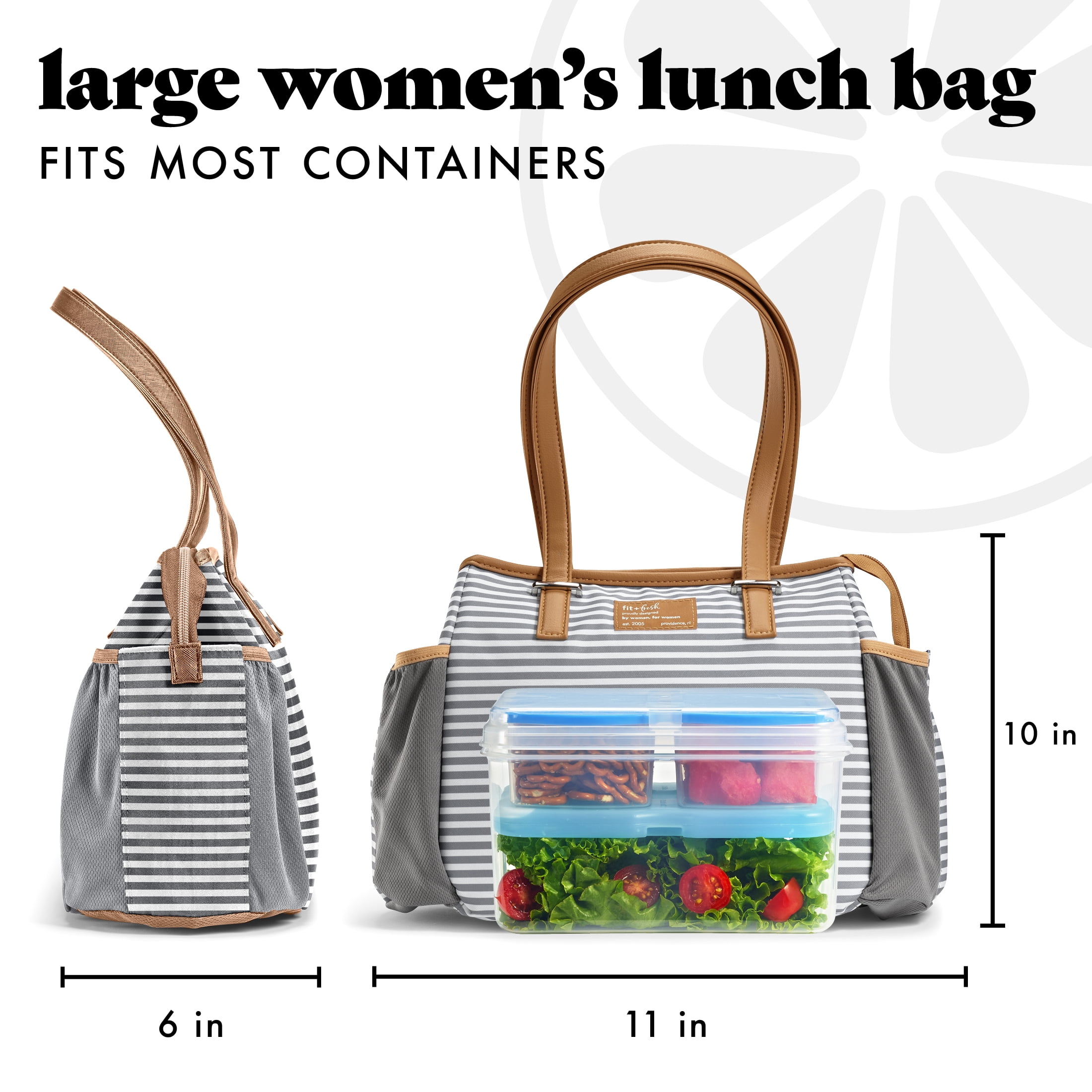 Fit & Fresh Copley Large Reusable Insulated Lunch Bag for Women with XL Slim Ice, in Thin Gray Stripe