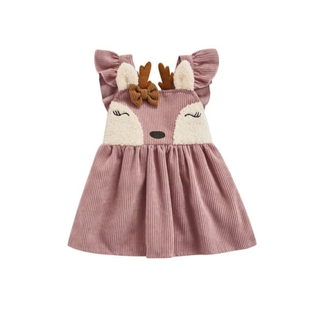 

Calsunbaby Toddler Baby Girl Corduroy Dress with Cartoon Fawn Shape Bow Cute Warm Fall Skirt