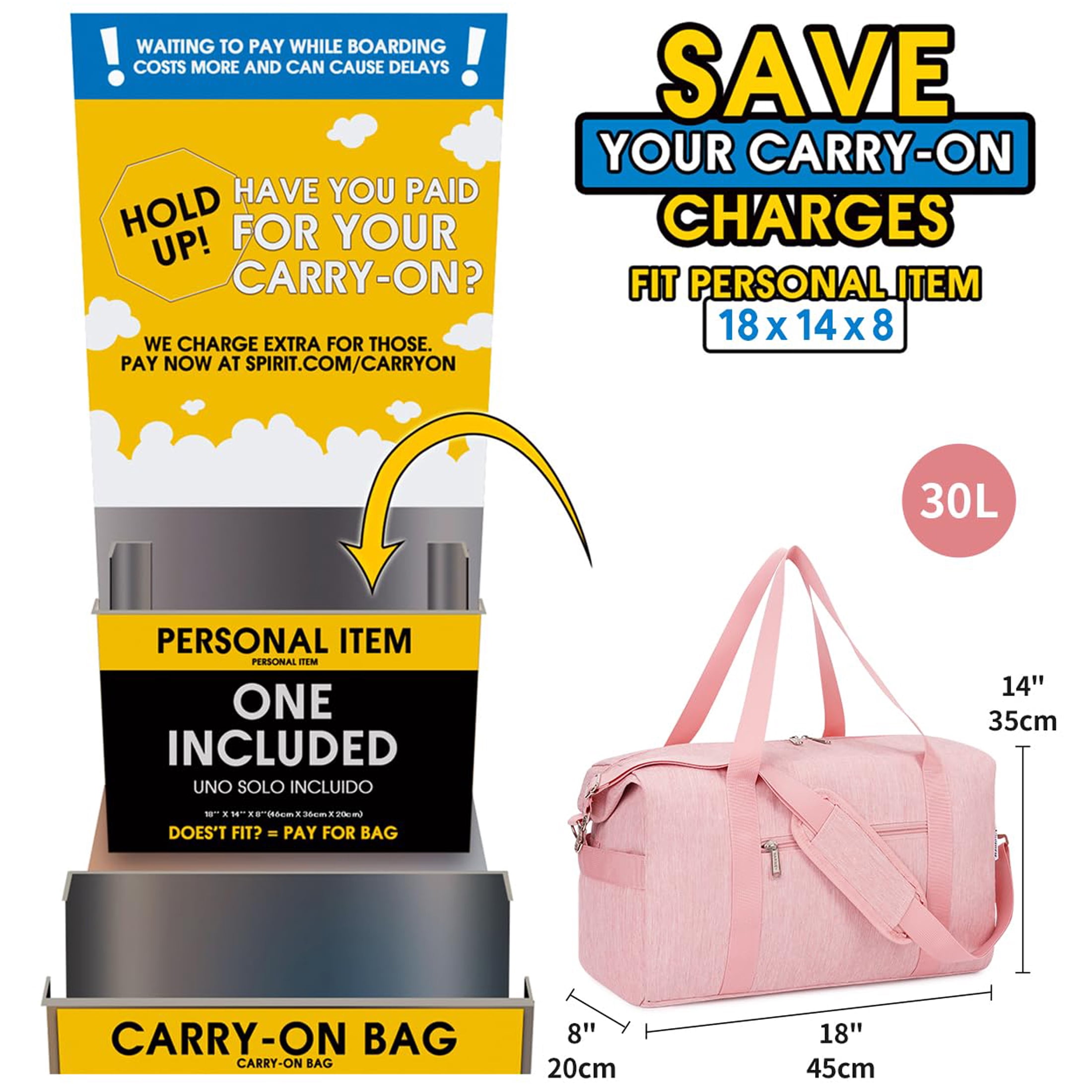 Carry on Underseat Bag Airplane Approved for Travel, Duffel Bag with Adjustable Straps & Wet Pocket for Women and Men for Weekender Gym, 30L, Pink