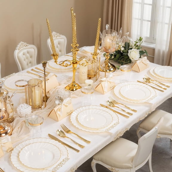175PCS Ivory Scalloped Plastic Plates - Gold Disposable Dinnerware Set Include 50 Plates, 75 Gold Silverware, 25 Cups, 25 Napkins for Party & Wedding