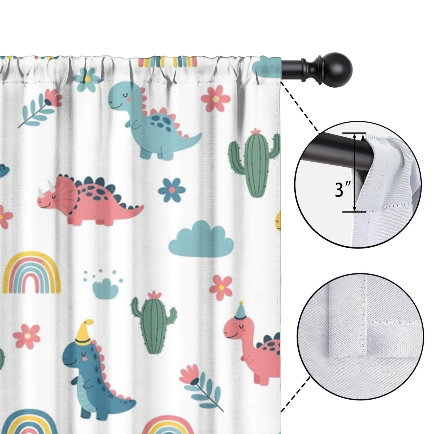 Blackout Kids Curtains,White Dinosaurs Rainbows Cacti Pattern Childrens Insulated Curtains Set Of 2,Bedroom Essentials,Toddler Room Decor 42"x84"