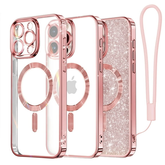 Magnetic Case for iPhone 15 Pro Max, [Compatible with MagSafe][Glitter Card & Wrist Strap] Full Camera Lens Protection Designed for iPhone 15 ProMax Case Wome,Rose Gold