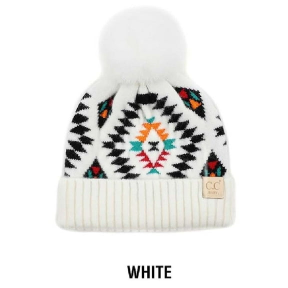 CC Baby Aztec Newborn to 9 Months Soft Pom Pom Beanie Hats in White - Soft, Warm Hats for Babies and Toddlers - Cozy Winter Wear