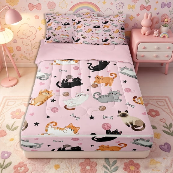 Erosebridal Playful Cat Pattern Zipper Twin Comforter Sets with Fitted Sheet and 2 Pillowcases,Yarn Ball Print Zipper Bedding Set,Orange Black Pink,Pink Reversible