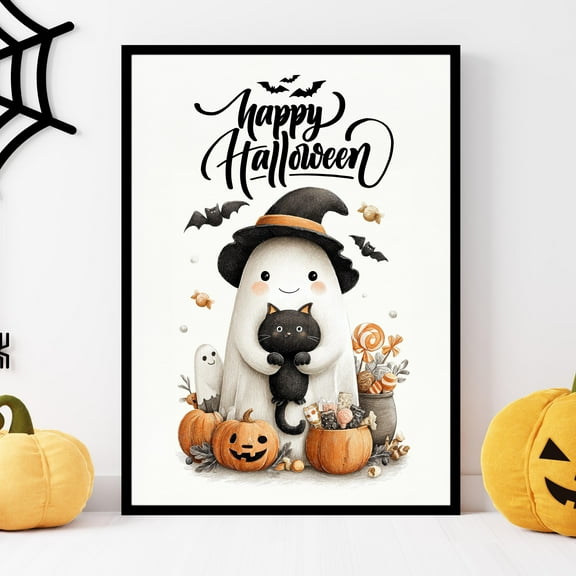 WestConfe Happy Halloween Wall Art | Cute Ghost and Black Cat Poster | Halloween Decor