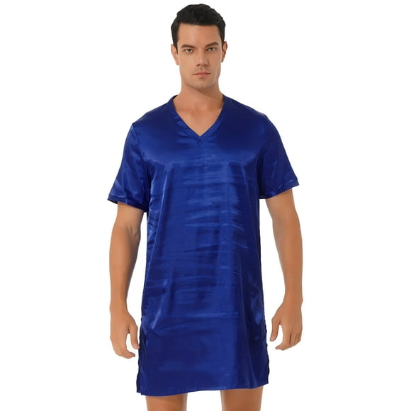 Lejafay Men Nightshirt Satin Nightwear Comfy V Neck Short Sleeve Loose Pajama Top Sleepshirt Loungewear Royal_Blue M