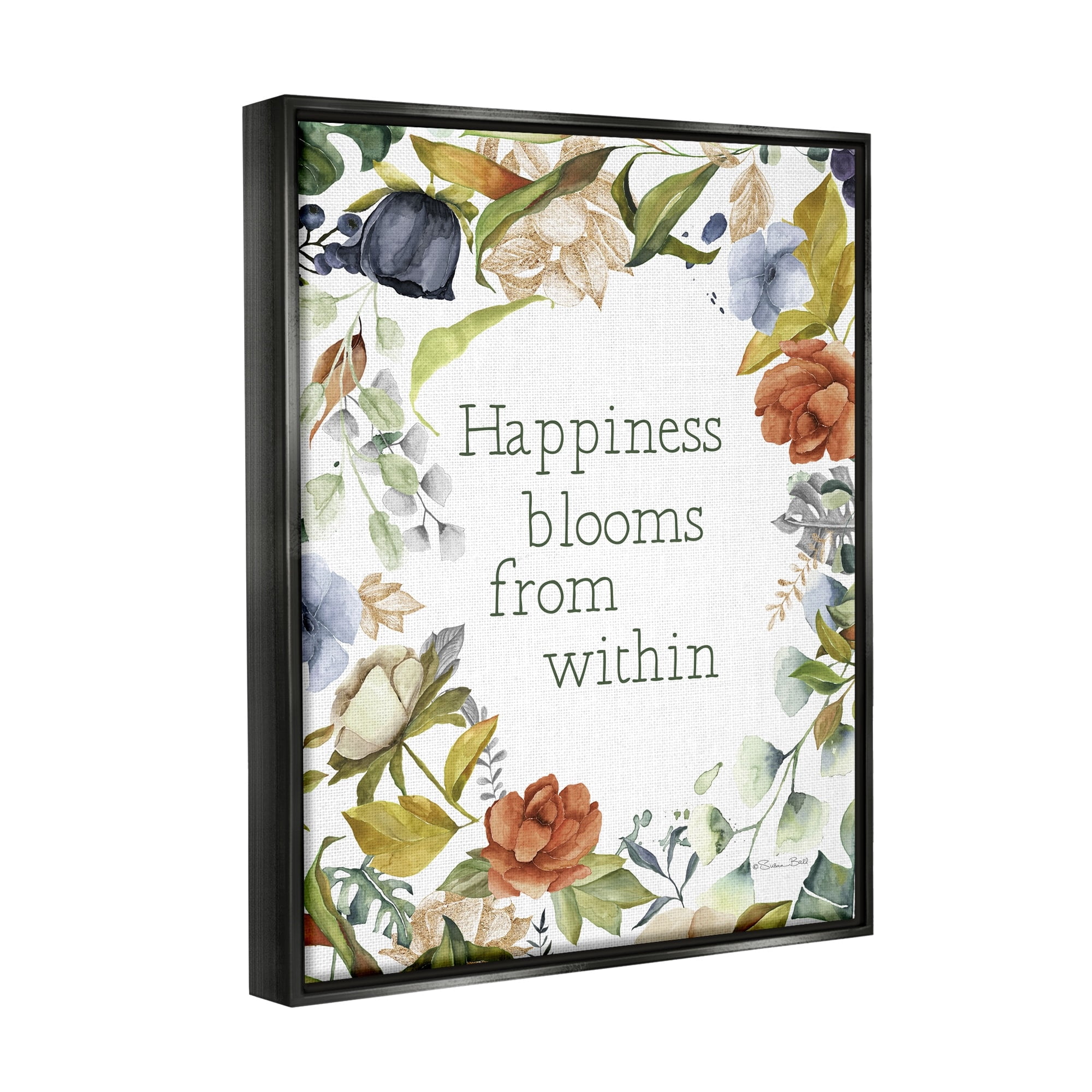 Stupell Industries Happiness Blooms From Within Comforting Floral Border Graphic Art Jet Black Floating Framed Canvas Print Wall Art, Design by Susan Ball