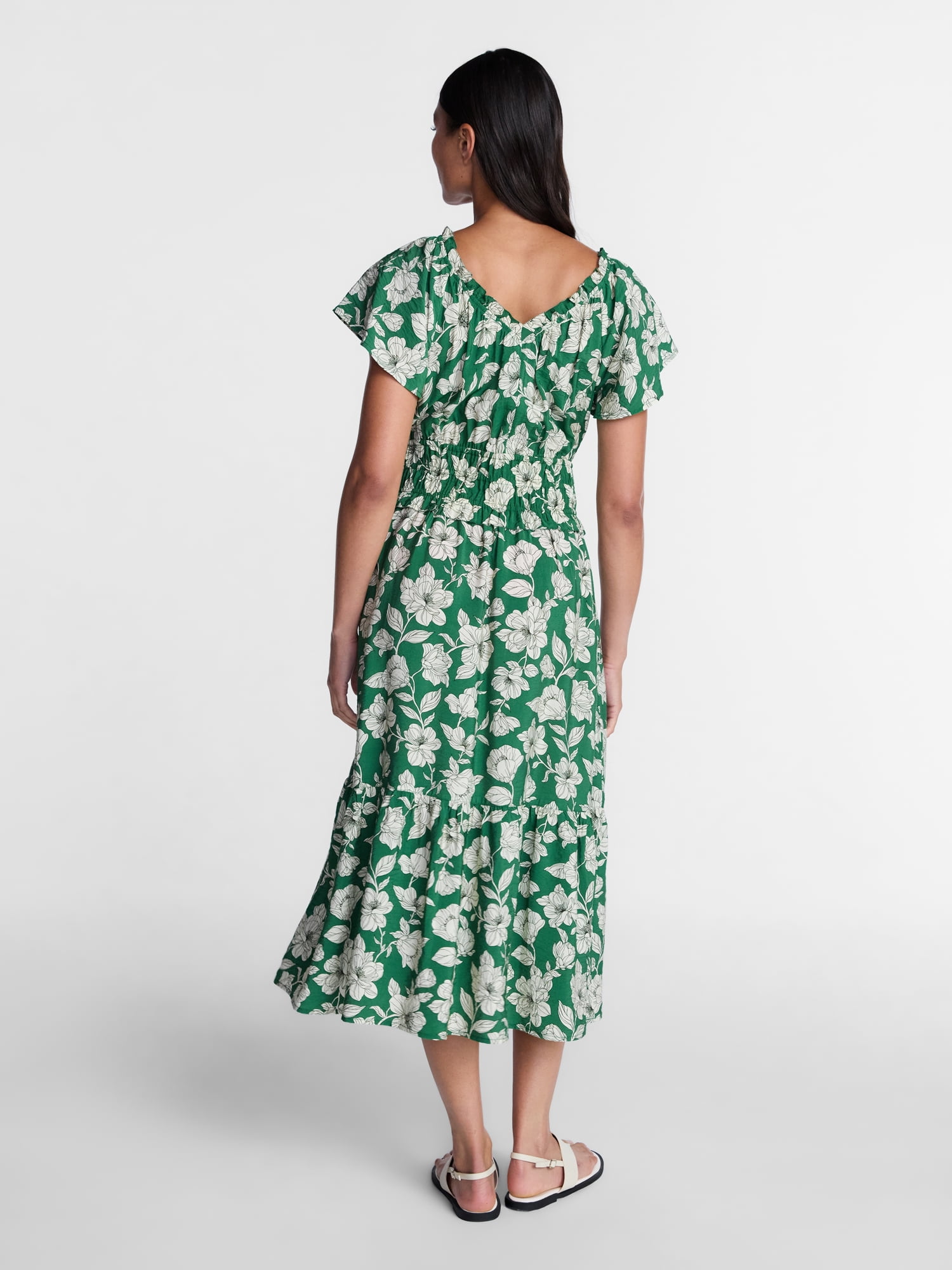 Time and Tru Women's Tiered Midi Dress with Flutter Sleeves, Sizes XS-XXXL