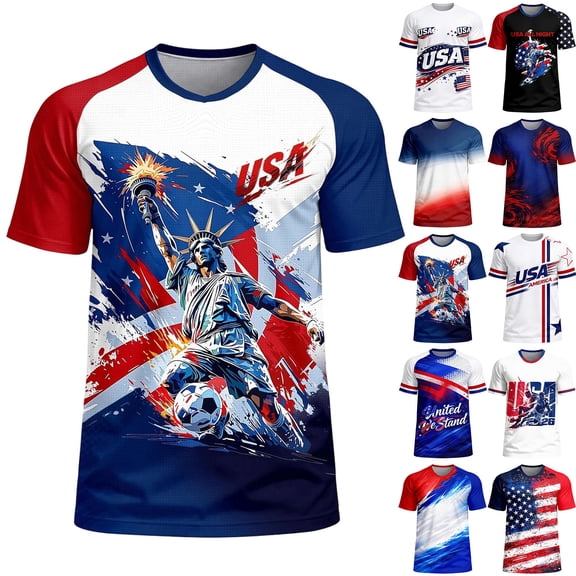 Zimjoy Men's USA Soccer T-Shirt Patriotic American Flag Graphic Tee 2026 World Soccer Game Fan Short Sleeve Shirt for Game Day 4th of July White L