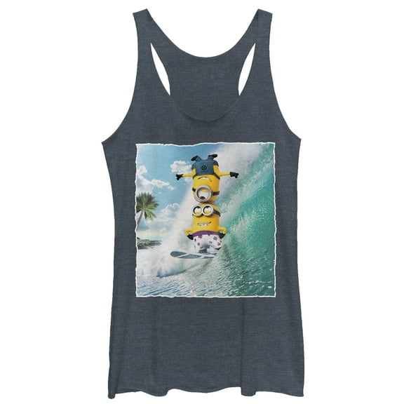 Women's Despicable Me Minion Surf Tricks Racerback Tank Top Navy Blue Heather Medium