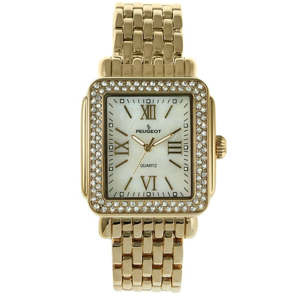 Peugeot Rectangle Crystal Bezel Roman Numeral Dial 14K Gold Plated Bracelet Dress Watch 7080G