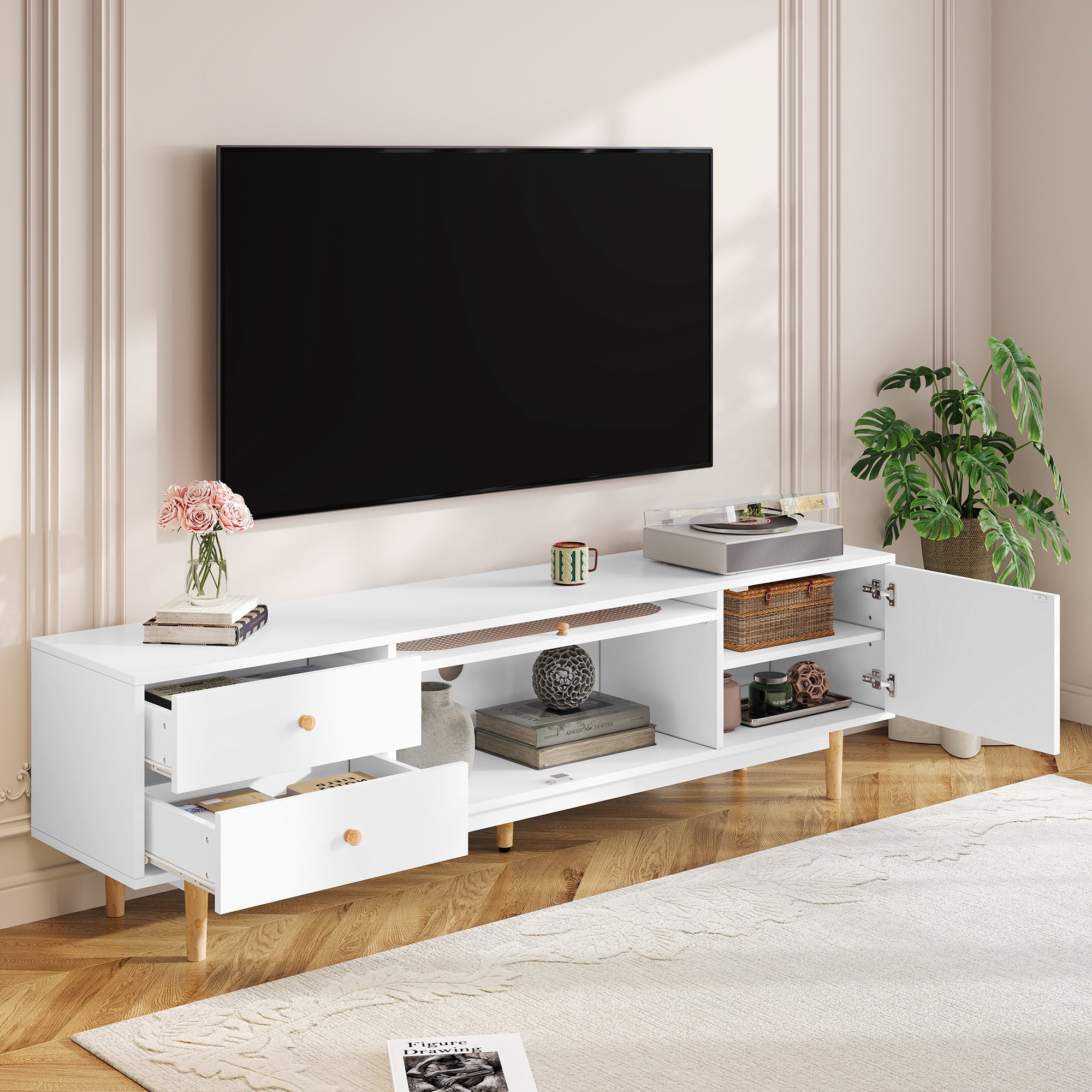 Euroco 70 inch TV Stand for TVs up to 80 Inch, Minimalist TV Console Table with Drawers, Media Entertainment Center for Living Room, Bedroom