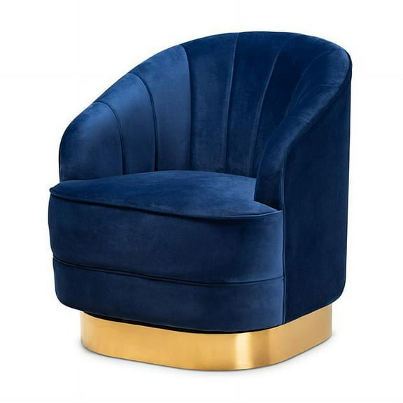 Baxton Studio Fiore Glam and Luxe Royal Blue Velvet Fabric Upholstered Brushed Gold Finished Swivel Accent Chair