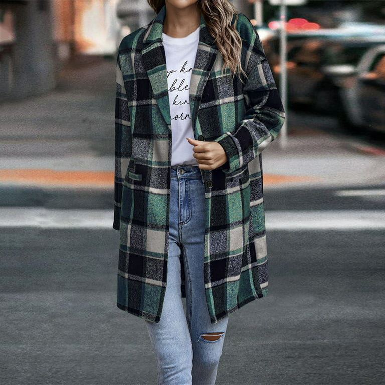 Olive Green Plaid Shirt Jacket, Long Sleeve Button Up Casual Plaid