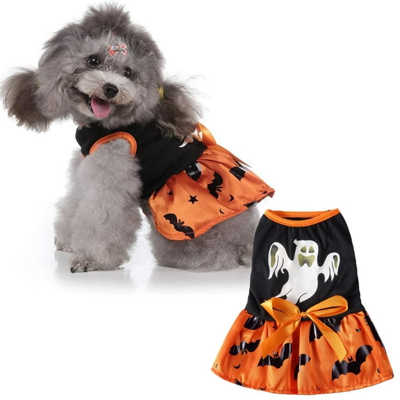 Pumpkin Spider Web/ Ghost Bat Pattern Halloween Dog Costume Puppy Dress, Doggie Halloween Party One Piece with Bowknot Pet Clothes Holiday Cat Outfits