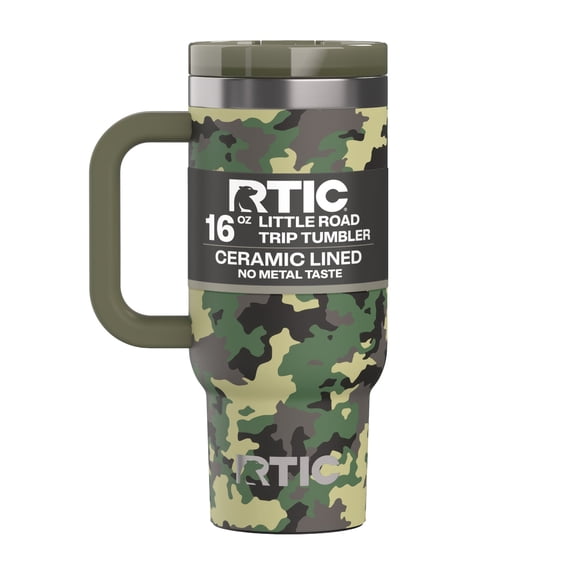 RTIC 16 oz Ceramic Lined Road Trip Tumbler, Leak-Proof Covered Straw Lid, Digital Camo