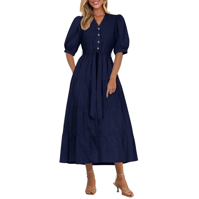 Vestido midi PRETTYGARDEN para mujer, verano 2025, cuello en V con bolsillos