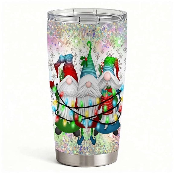 Stainless Steel Insulated Tumbler with Lid, Christmas Gnome Lights Design, Double-Wall Hot Cold Holiday Travel Cup
