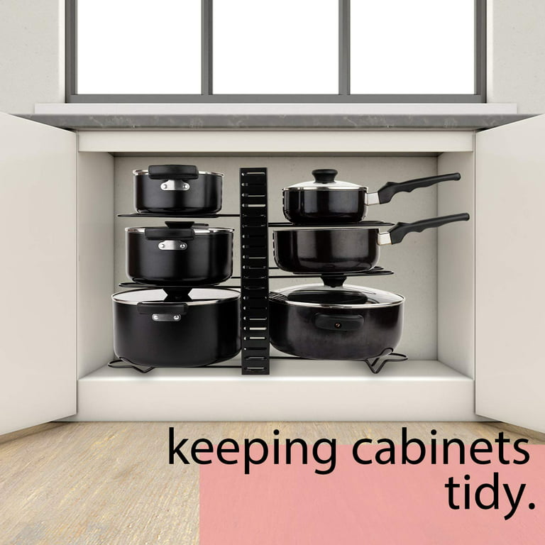 SOCONT Pot and Pan Organizer for Cabinet, Adjustable 8 Tiers Pans Pots Lid  Organizer Rack Holder with 3 DIY Methods, Hanger Stacker Organizer Stand