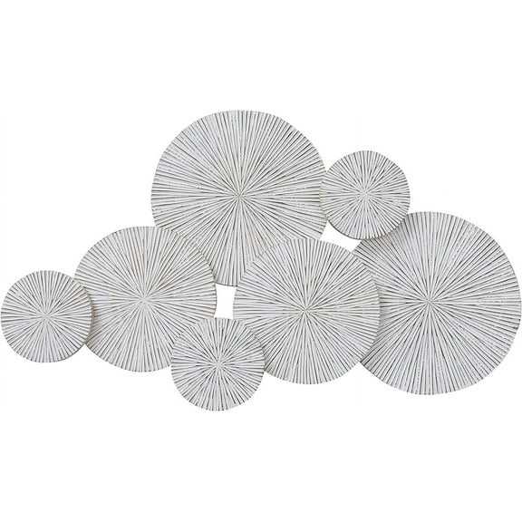 Oversized Abstract Wall Art, 7 Connected Bursts, Incised Roundels, Artisan Rubbed, Pale White Accent Patina Over Carved Wood,  42.5  x 24.75 Inches Boho Chic Collection