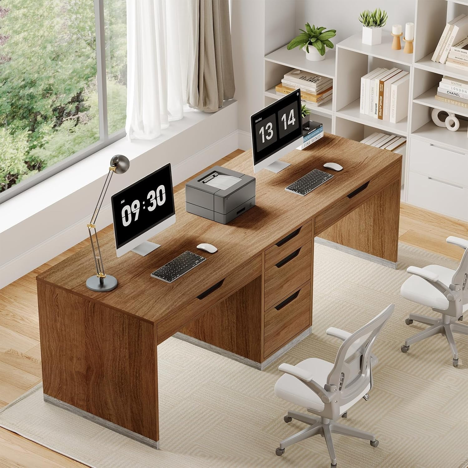 DreamCurship 78 inch Two Person Desk with 5 Drawers, Computer Desk with Storage for 2 People, Home Office Workstation Desk, Modern Writing Table, Brown