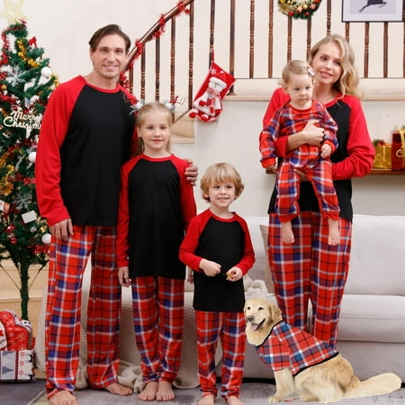 

Pxxlle Christmas Family Matching Pajamas Sets for Women Men Kids Pet Casual Long Sleeve Crewneck Shirts Plaid Print Trousers Xmas Loungewear Sets fot Pet