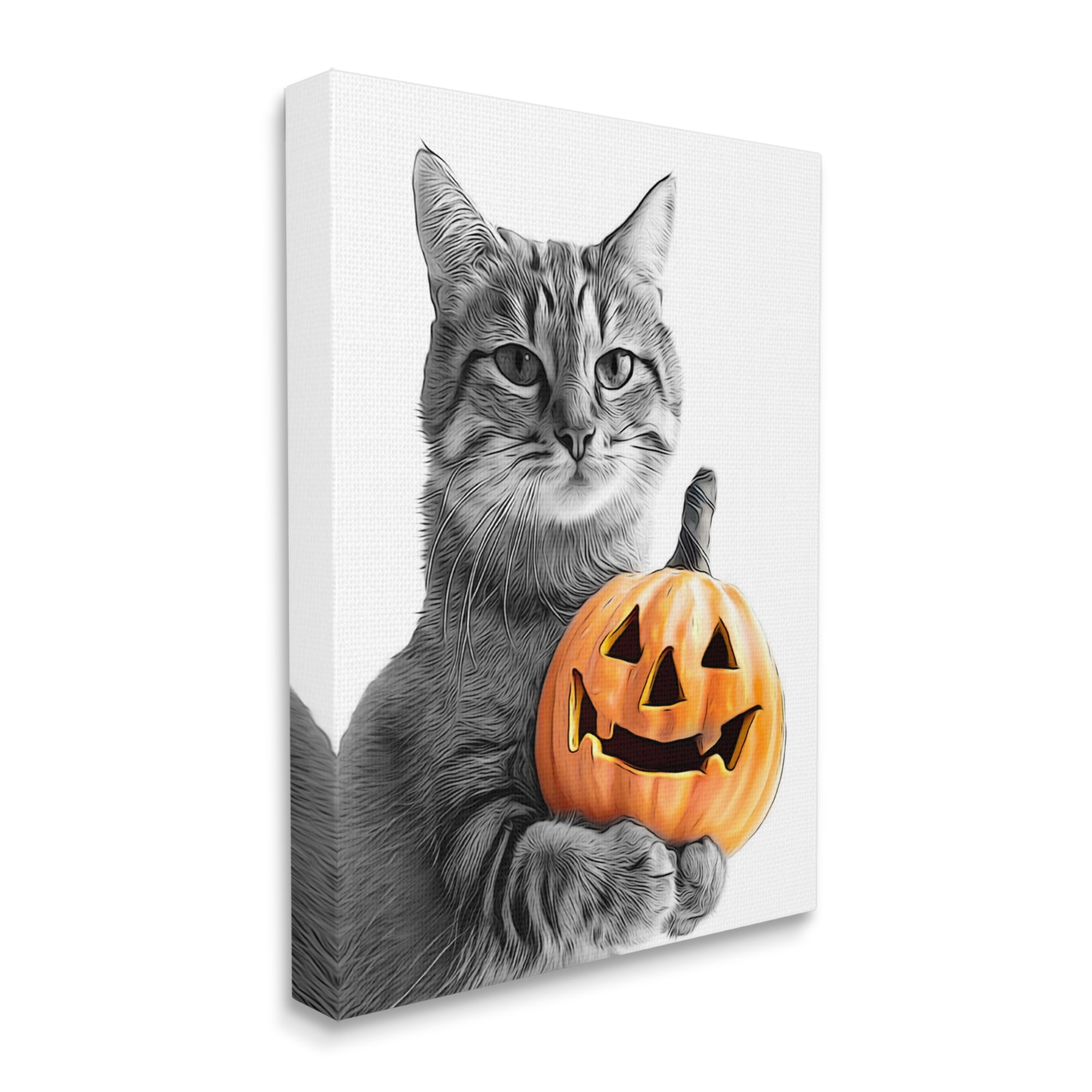 Stupell Industries Cat & Jack-o-Lantern Holiday Painting Gallery Wrapped Canvas Art Print Wall Art, 36 x 48