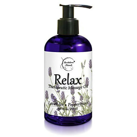 Relax Therapeutic Body Massage Oil - With Best Essential Oils for Sore Muscles & Stiffness - Lavender, Peppermint & Marjoram - All Natural - With Sweet Almond, Grapeseed & Jojoba Oil
