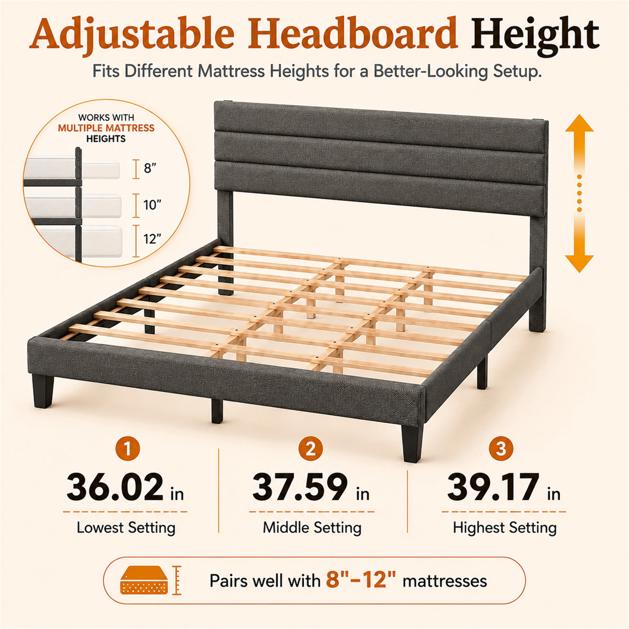 SESSLIFE King Size Bed Frame with Adjustable Upholstered Headboard, Linen Upholstered Platform Bed Frame King, Noise Free, No Box Spring Needed, Gray