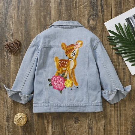 

PatPat Toddler Girl Playful Denim Deer Floral Embroidered Lapel Collar Jacket