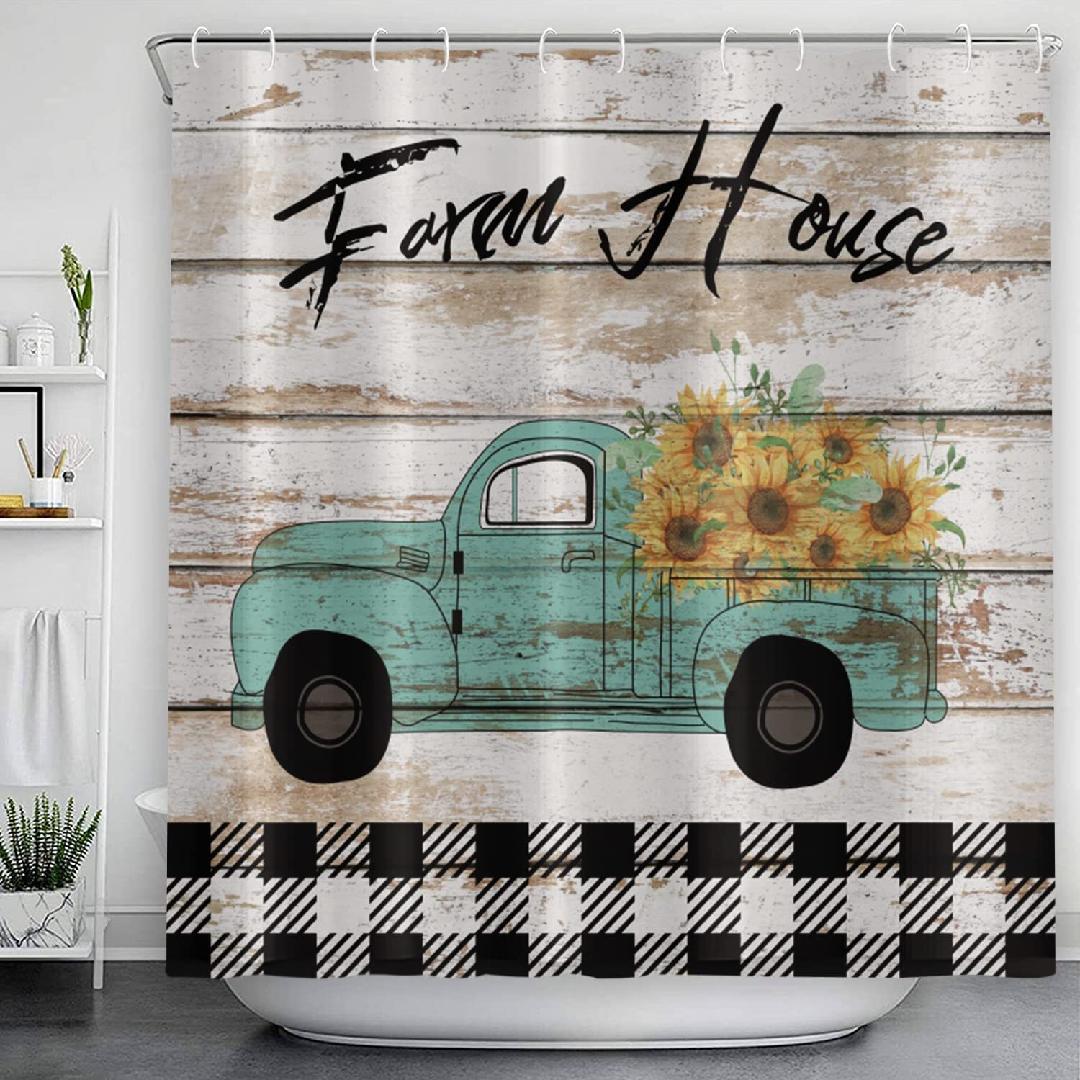 Farmhouse Shower Curtains Truck Loading Sunflower Black White Buffalo