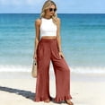 thumbnail image 5 of Satingcolo Women Linen Pants Summer Ruffle Wide Leg Palazzo Pant Smocked Waist Travel Lounge Trousers Beach Vacation Outfits Red 2XL, 5 of 8