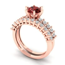 Clara Pucci 18K Rose Gold Round Cut 1Ct Natural Garnet Engagement Ring   Matching Band - Luxury Box Included