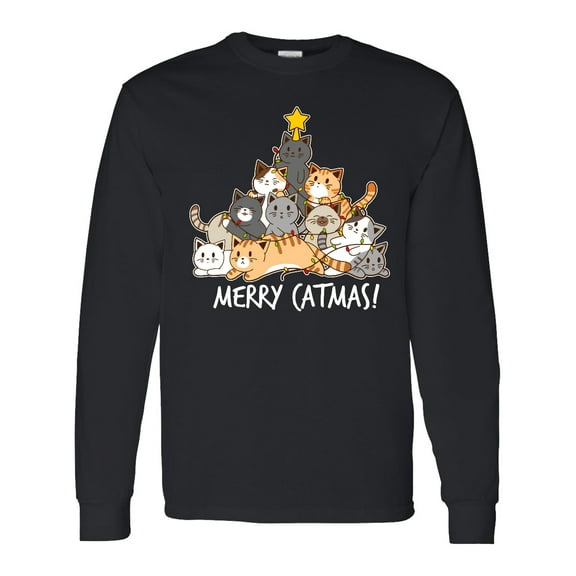 Inktastic Merry Catmas with Cat Tree and Yellow Star Long Sleeve T-Shirt