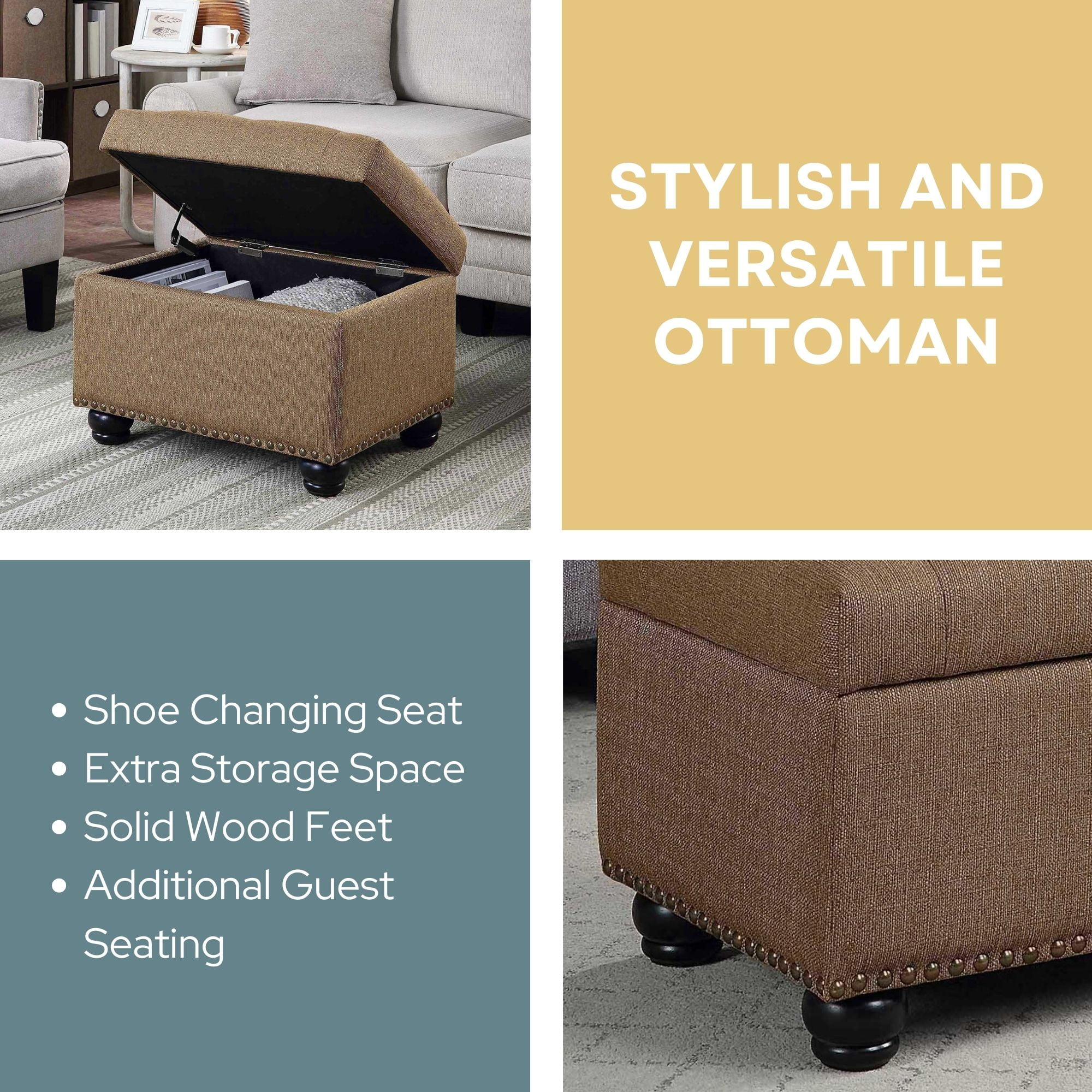Convenience Concepts Designs4Comfort 5th Avenue Storage Ottoman, Sandstone Fabric