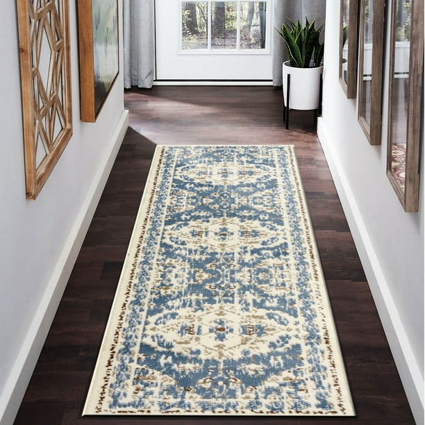 LR Home Infinity 2x7 Blue White Floral Border Oriental Distressed